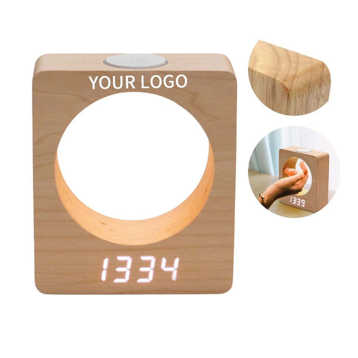 Wooden LED Alarm Clock with Touch Brightness Control 2