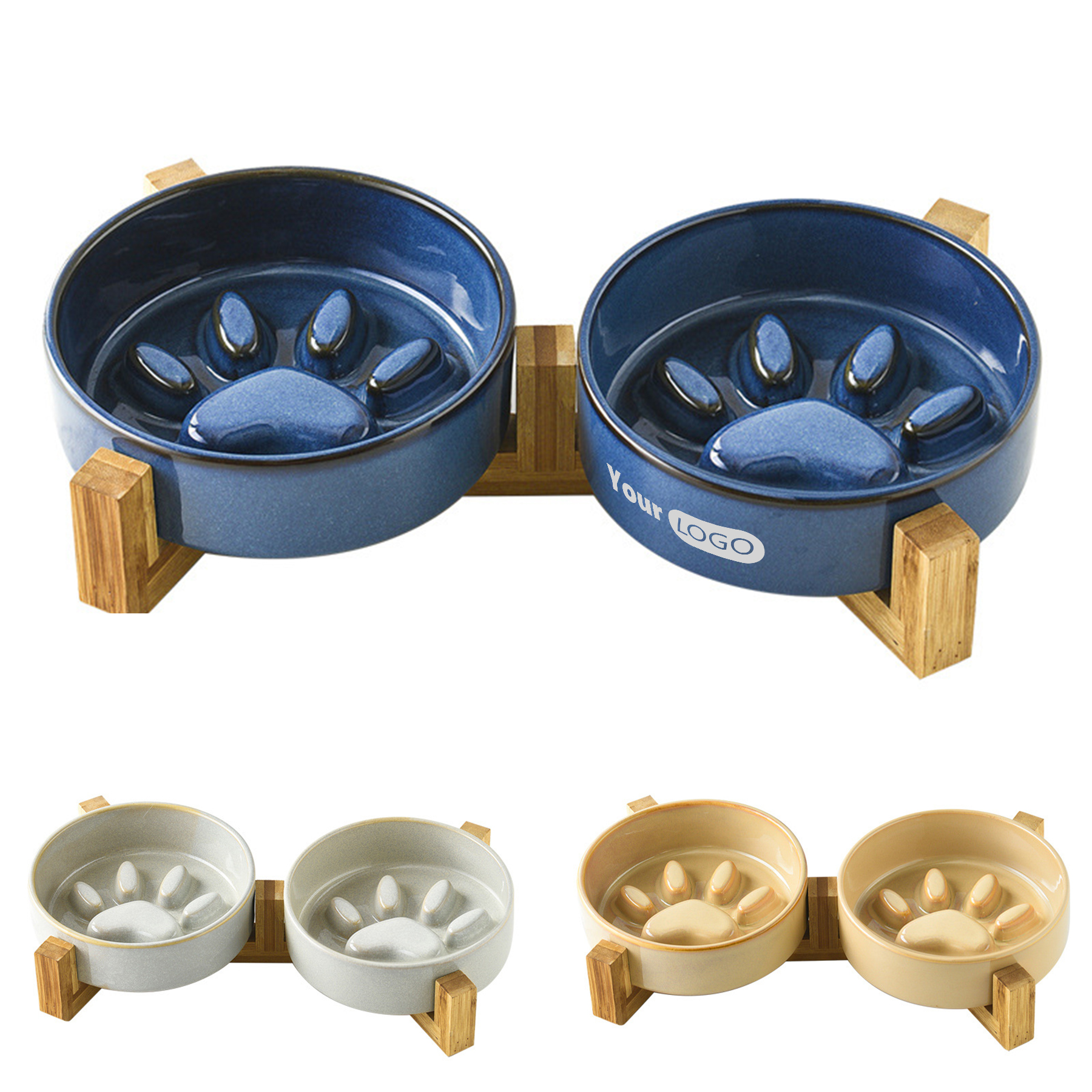 Ceramic Pet Slow Food Double Bowl With Wooden Frame 2