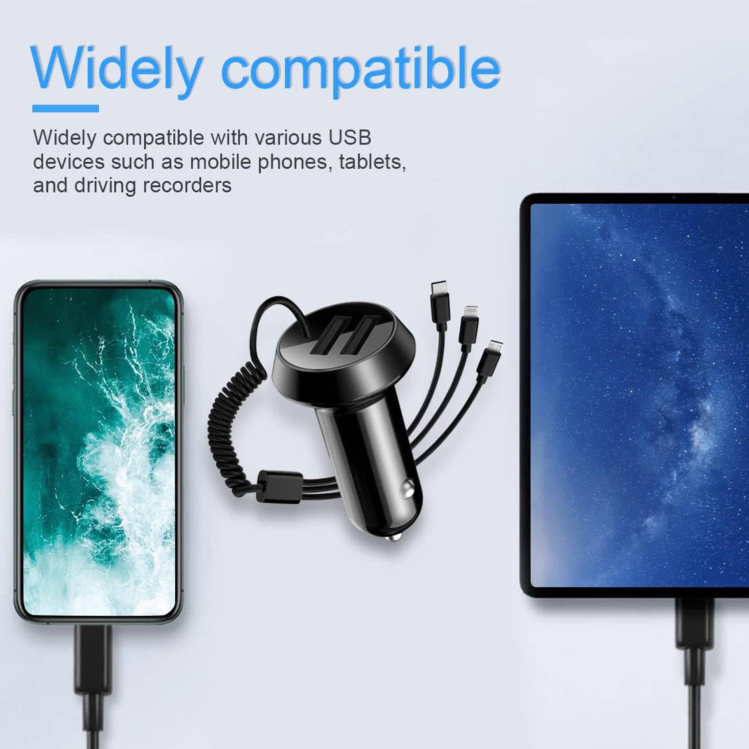 3 in 1 Fast Dual Ports Car Charger with Stretchable Cable 7