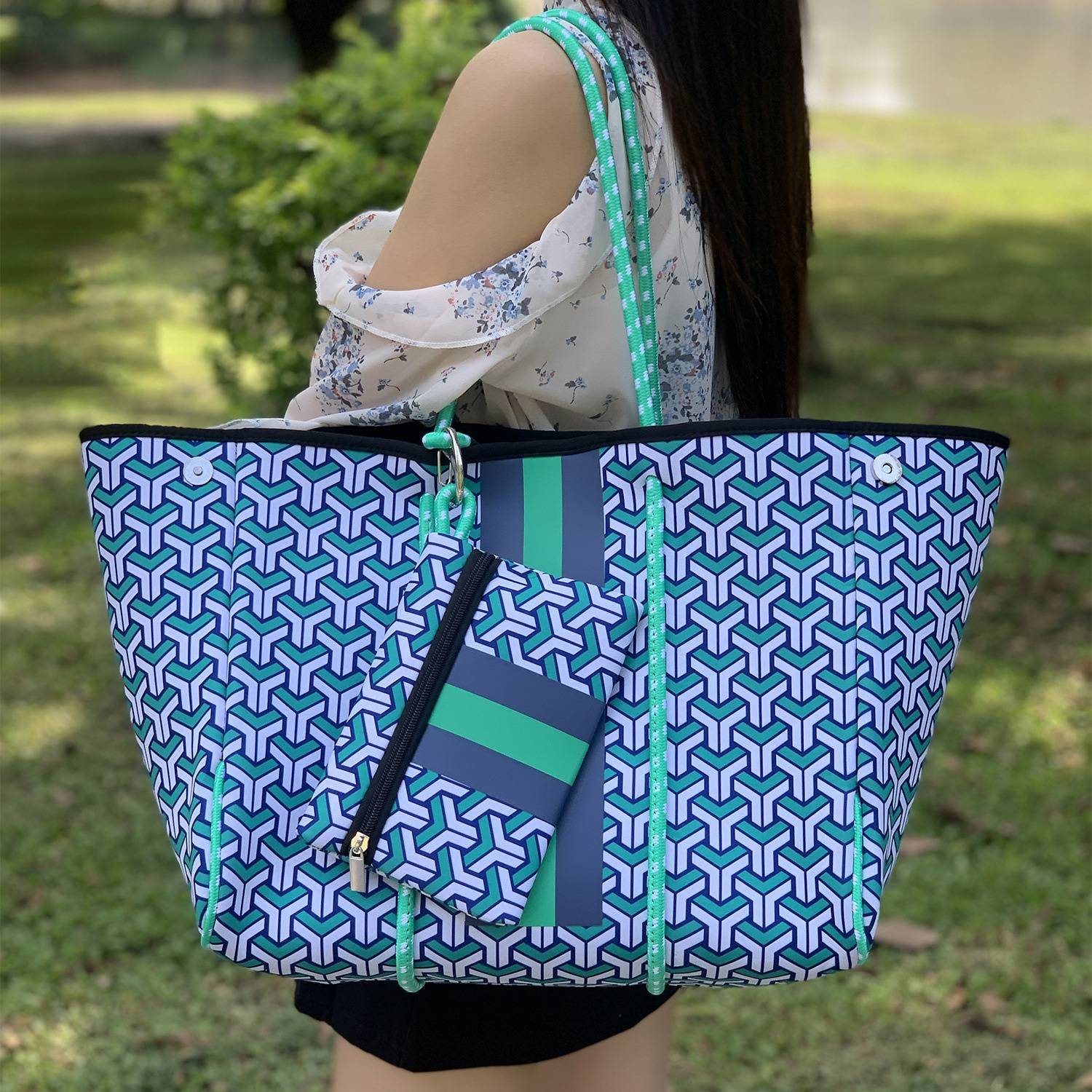 Women's Neoprene Tote Bag w/ Pocket for Beach Travel 2