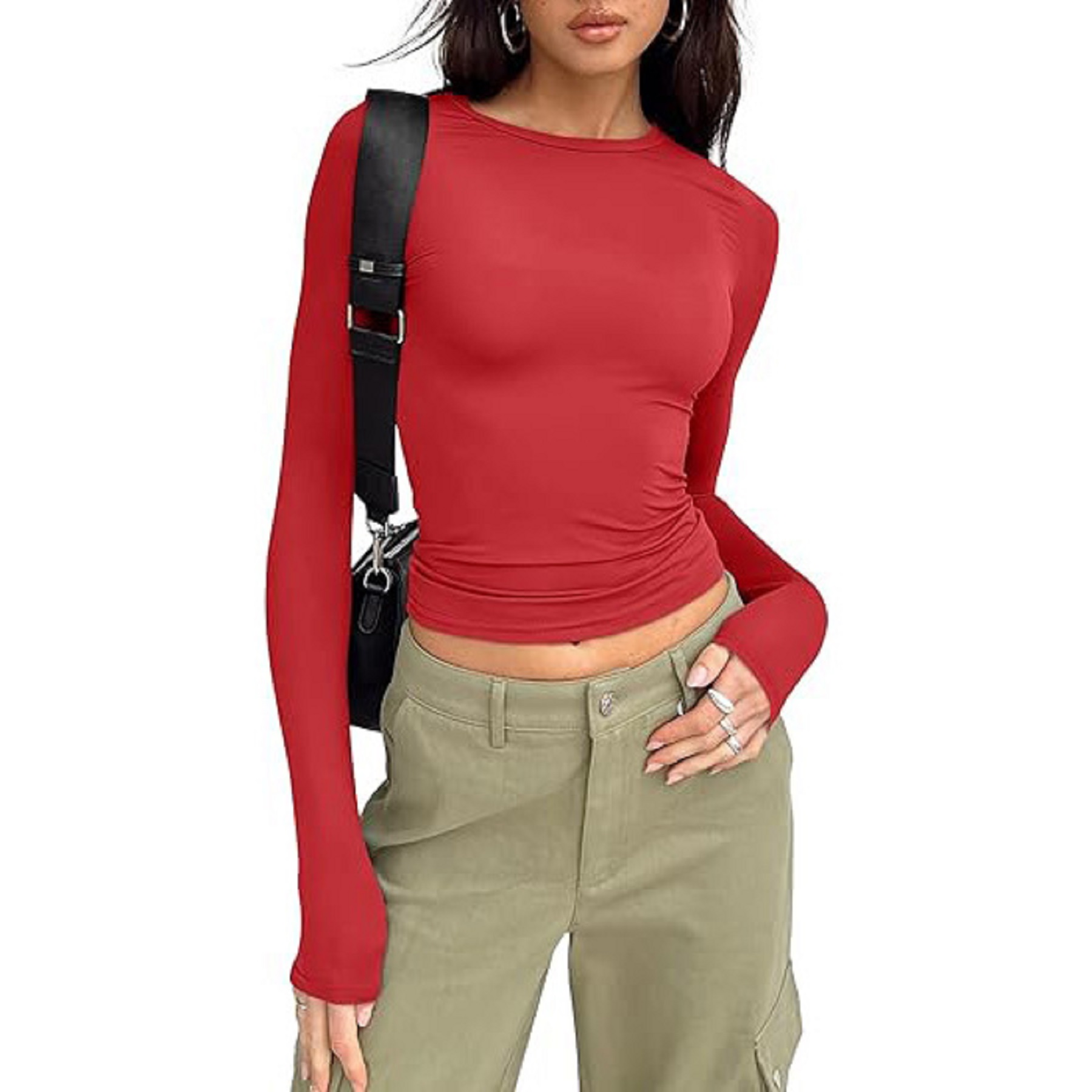 Women's Long Sleeved Shirt Basic Crop Top Tight Fit 17