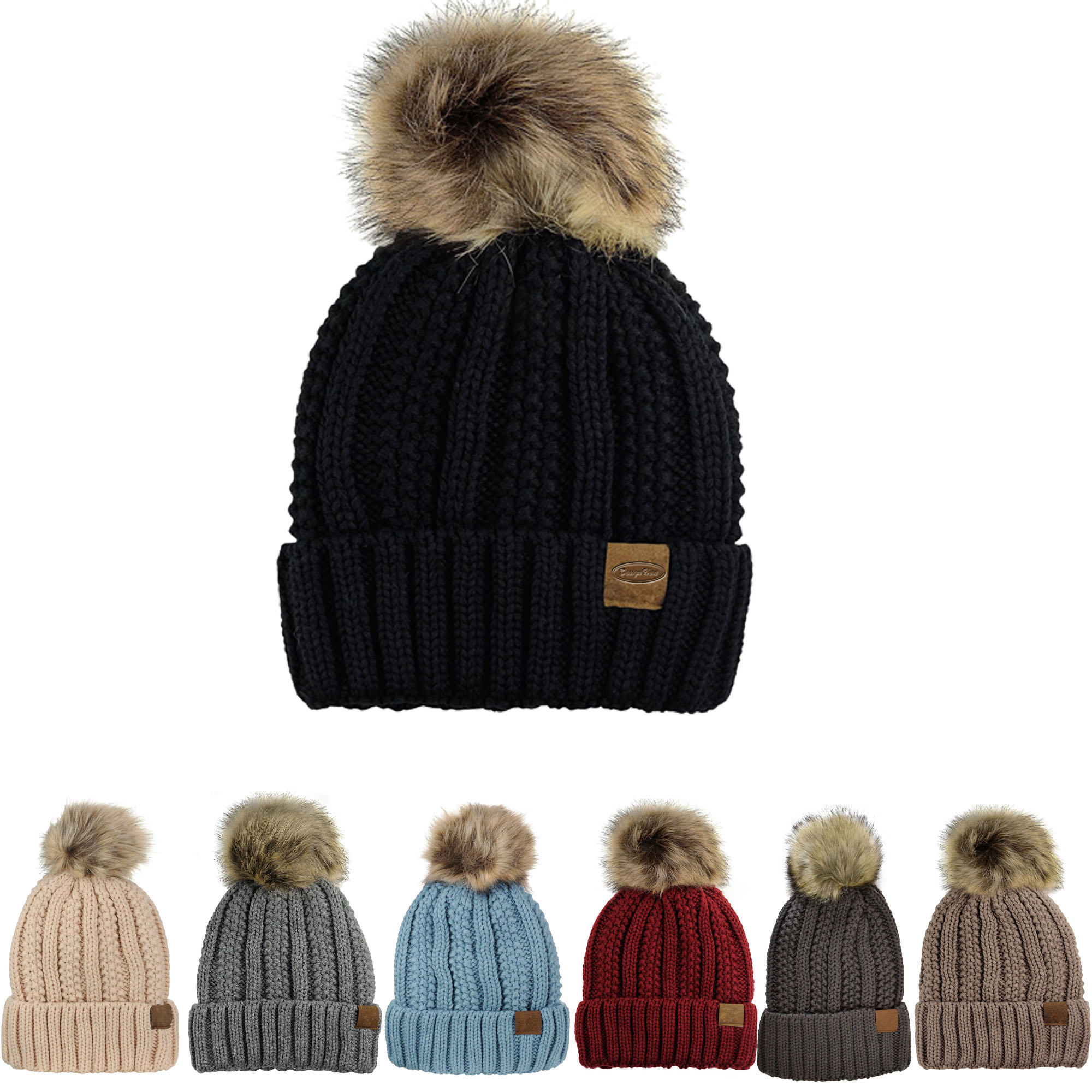 Faux Fur Pom Beanie, Cable Knit & Fleece Lined for Winter Warmth 1