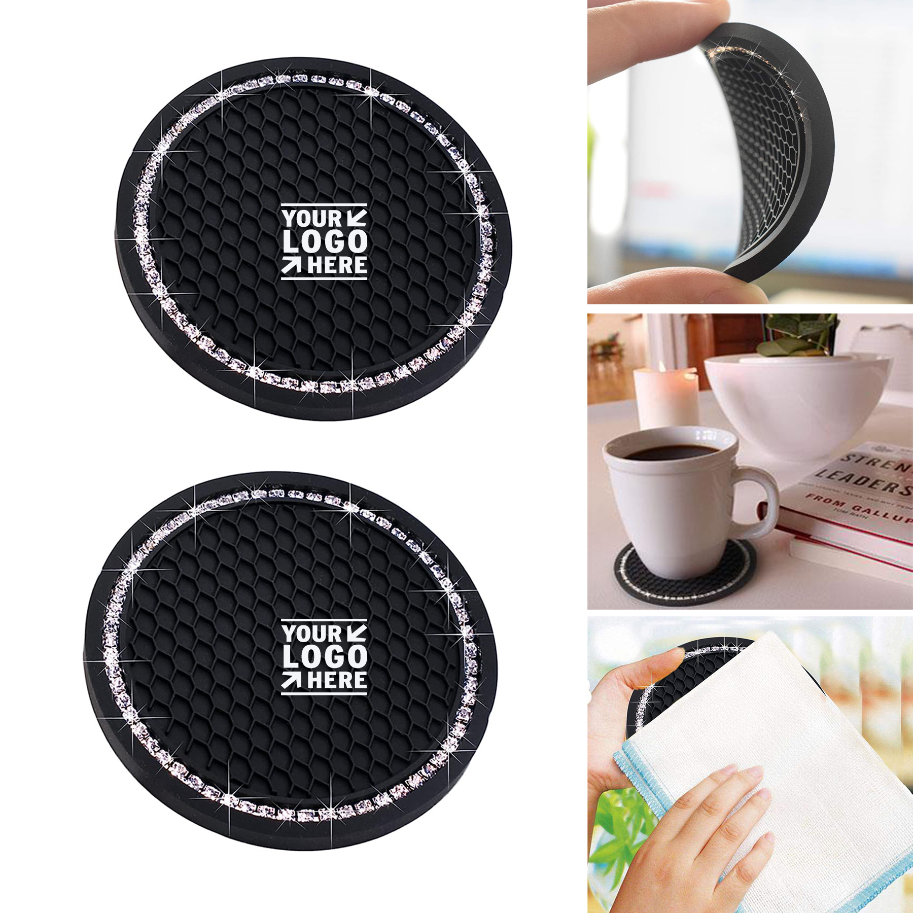 2.75 inch Universal Vehicle Bling Cup Holder Silicone Anti Slip Crystal Rhinestone Car Coaster