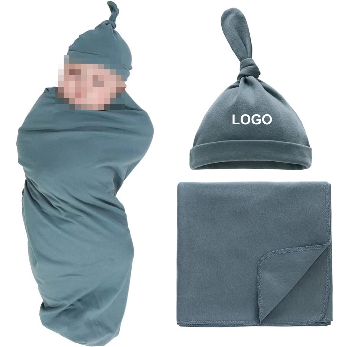 31.5"X31.5"Cotton Knitted Baby Swaddle Blanket With Hat Set 3