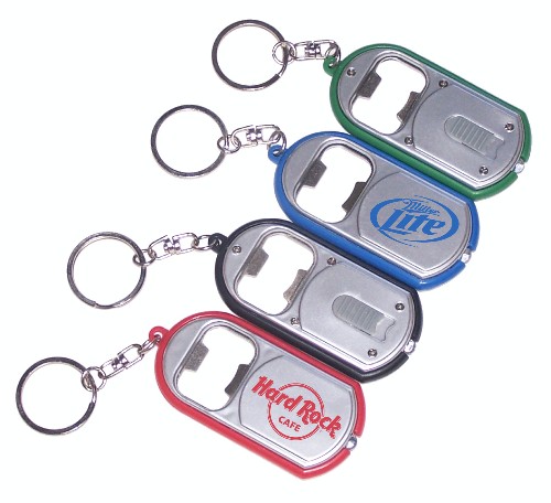 Ultra thin rectangular LED flashlight with metal bottle opener and deluxe swivel split key ring.