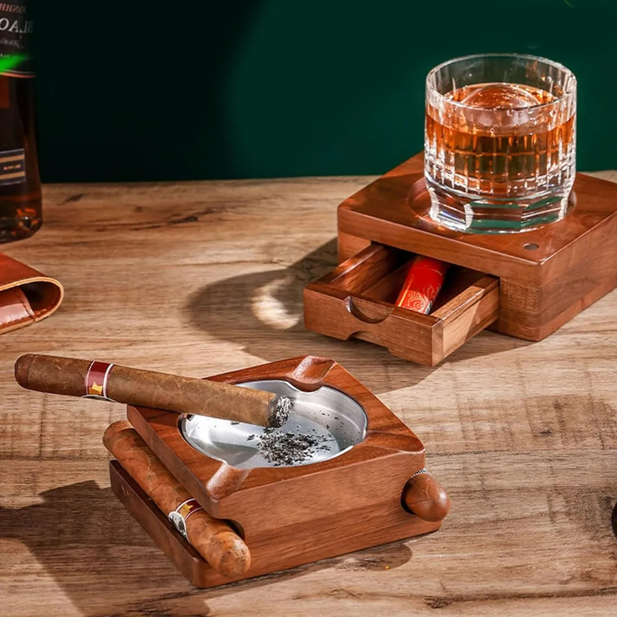 Wood Cigar Ashtray With Whiskey Glass Holder And Drawer 6
