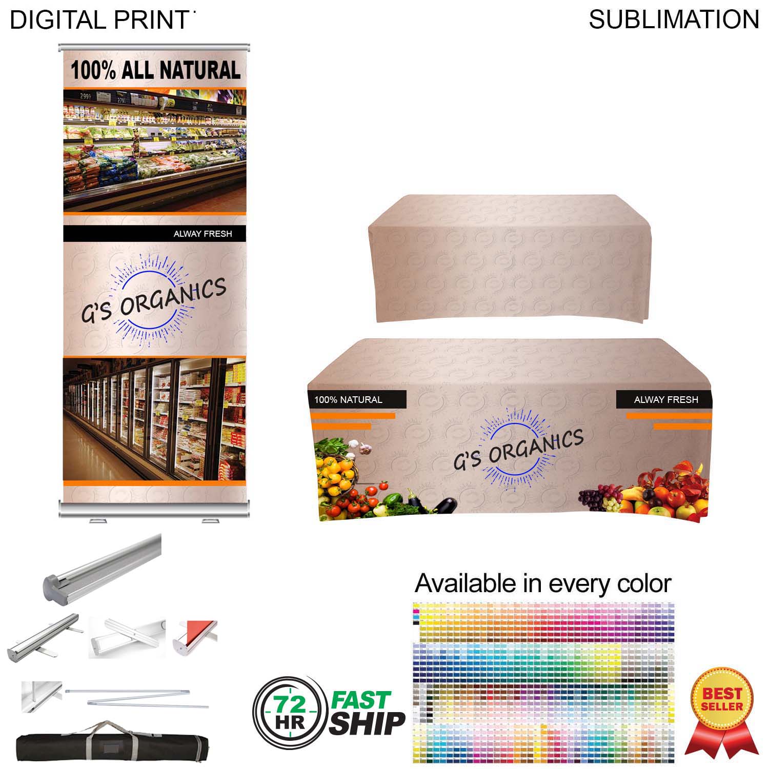 72 Hr Fast Ship - Most Popular Tradeshow Package, Premium Retractable Banner + Sublimated Tablecloth 1