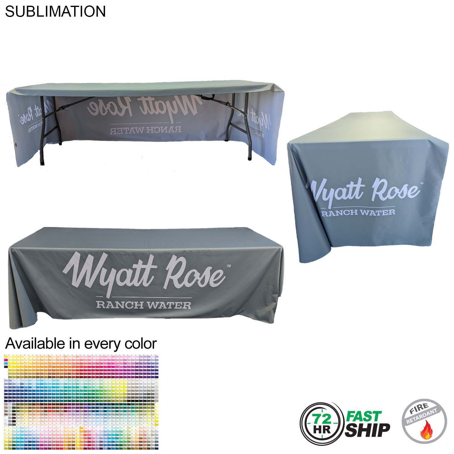 72 Hr Fast Ship - Sublimated PREMIUM Cloth for 8' Table, Drape Style, Open Back, Rounded corners 10