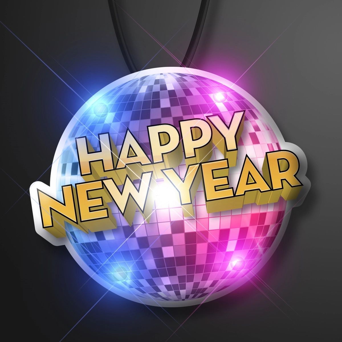 Happy New Year Disco Ball Blinkies on Black String Lanyard 2