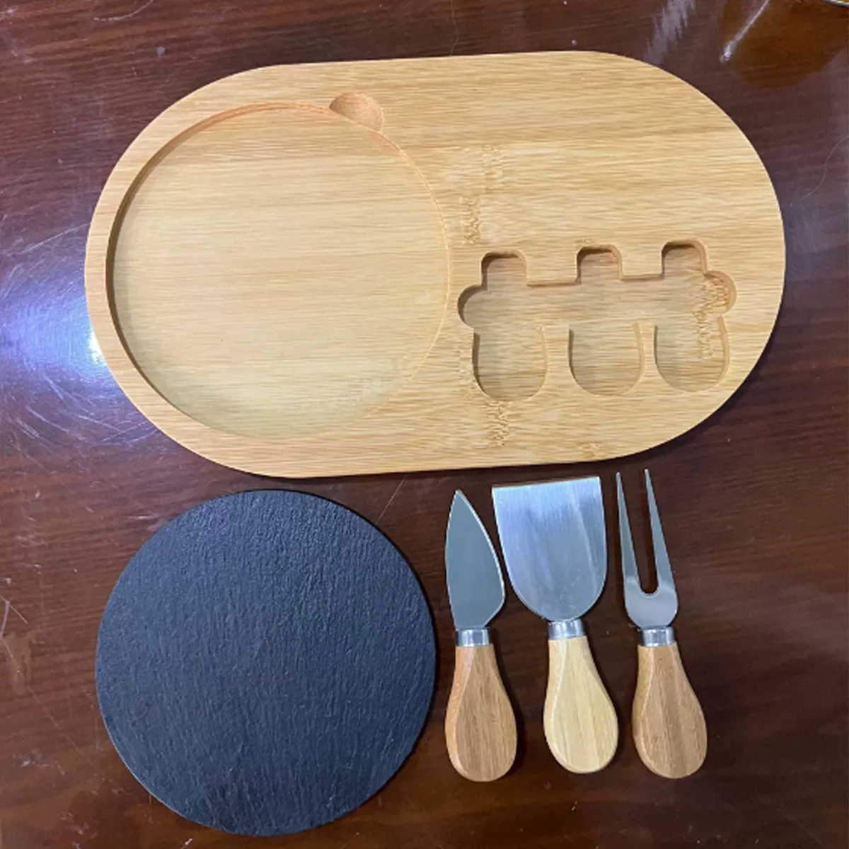 Bamboo Cheese Board Set w/ Slate & 3 Knives Party Home 7
