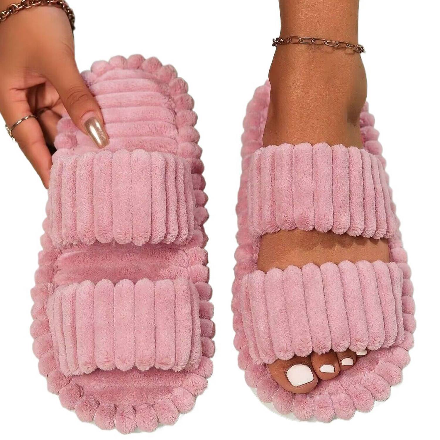 Women's Plush Open-Toe Anti-Skid Double Strap Cotton Slipper 4