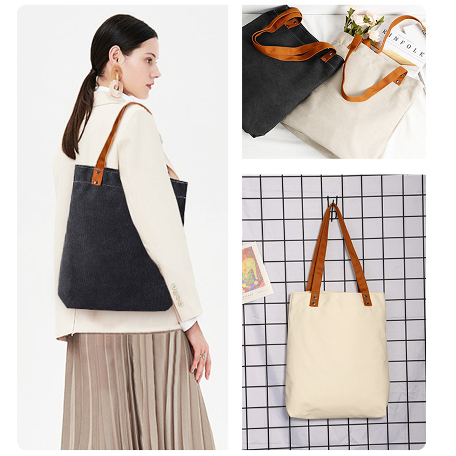 Canvas Tote Bag With PU Leather Handles, custom tote bag with logo imprint 7