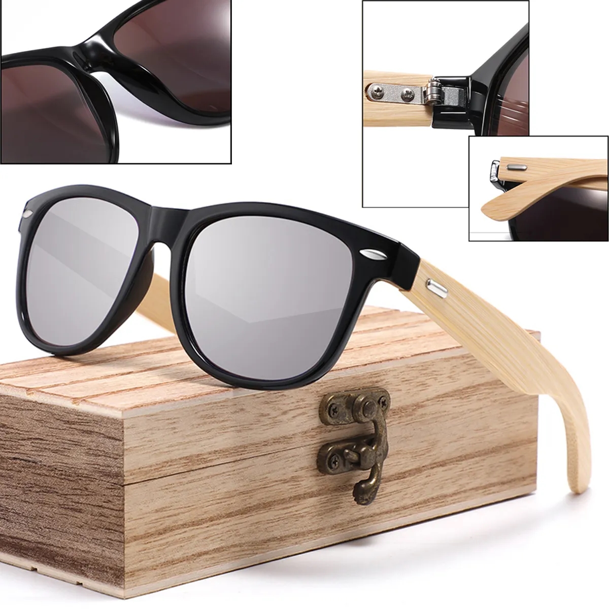 Classic Vintage Big Frame Sunglasses with Bamboo Wood Arms 3