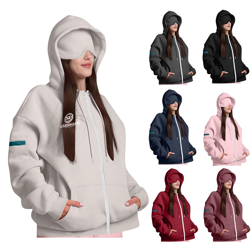 Oversized Hoodie Eye Mask Street Full Zip Up Hoodie Long Sleeve For Women, custom hoodie or sweatshirt with logo imprint 2