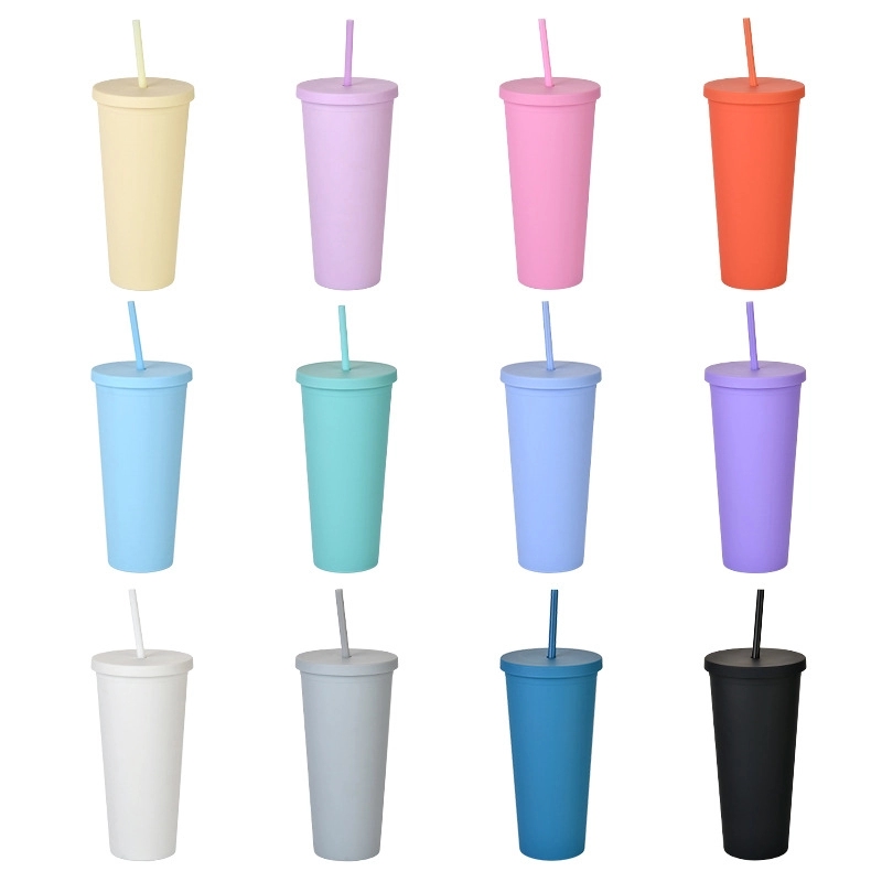 24oz Pastel Colored Plastic Cups with Lids and Straws 16