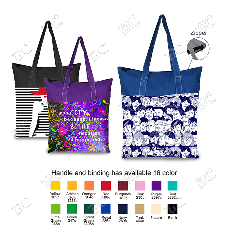 Two-Tone Full Color 5 oz Cotton Canvas Tote Bag with zip top 15"x15"x3.25" 2