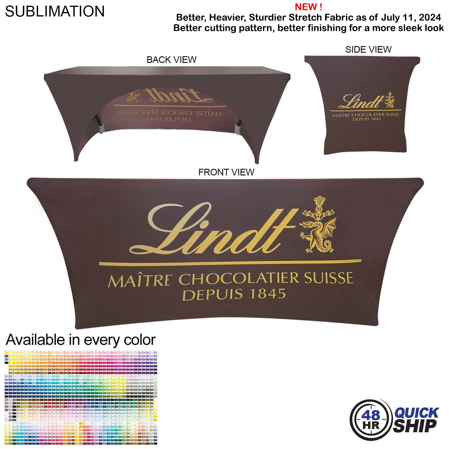 48 Hr Quick Ship - Sublimated Stretch Curved Fit Table Throw for 6ft table, 3 sided, Open Back 1
