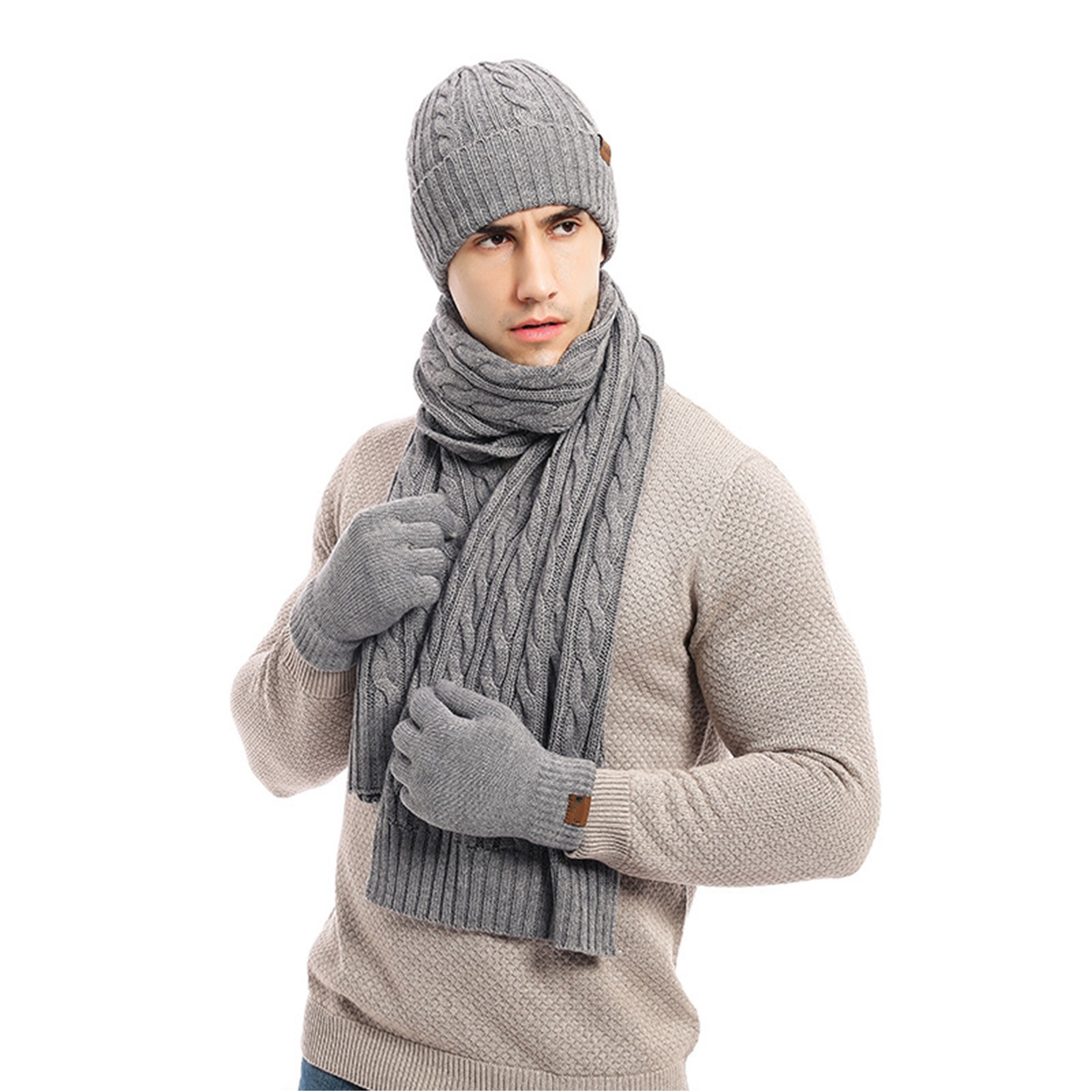 3PC Twist Pattern Wool Cashmere Beanie Scarf Gloves Set 6