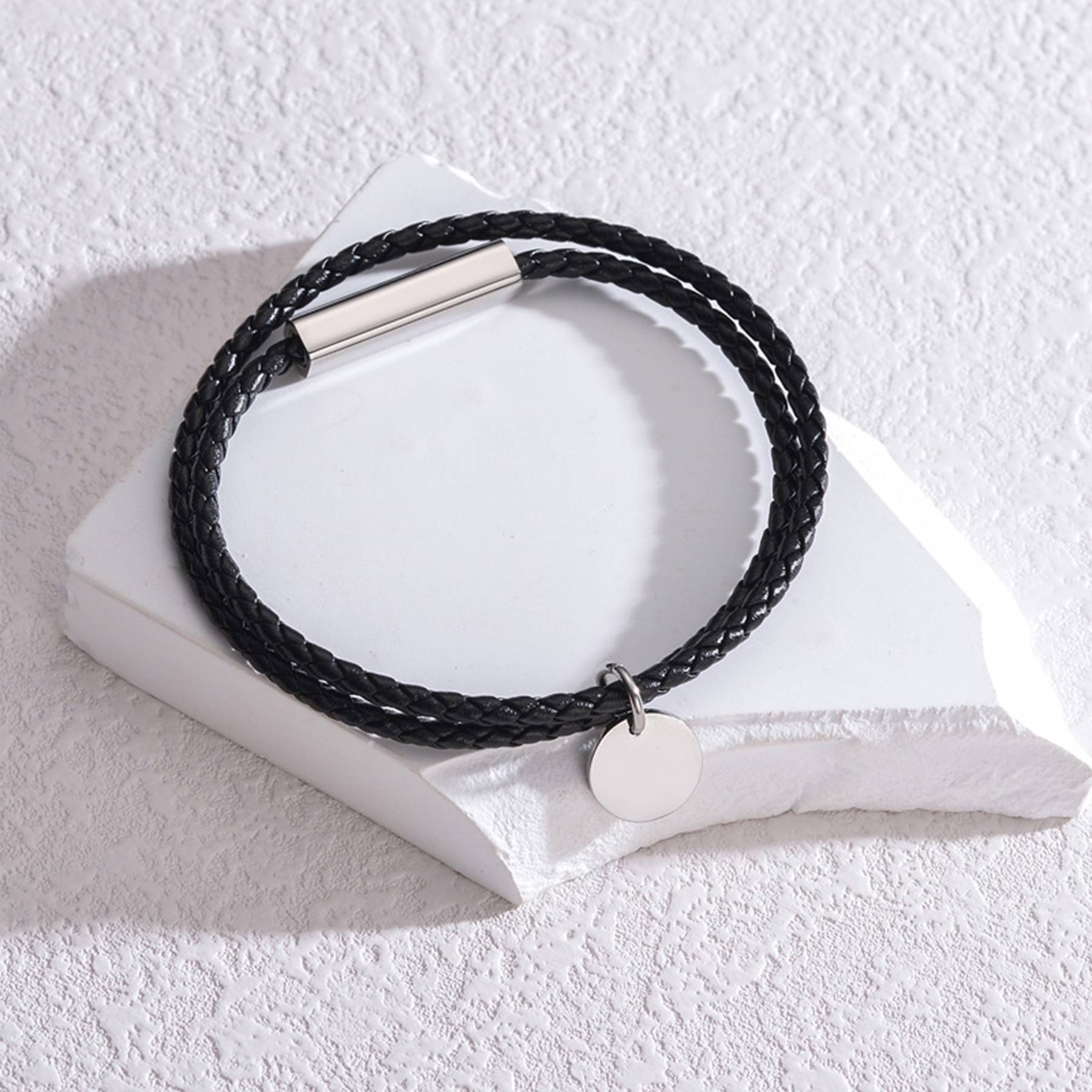 Steel Braided leather rope round pendant bracelet 2