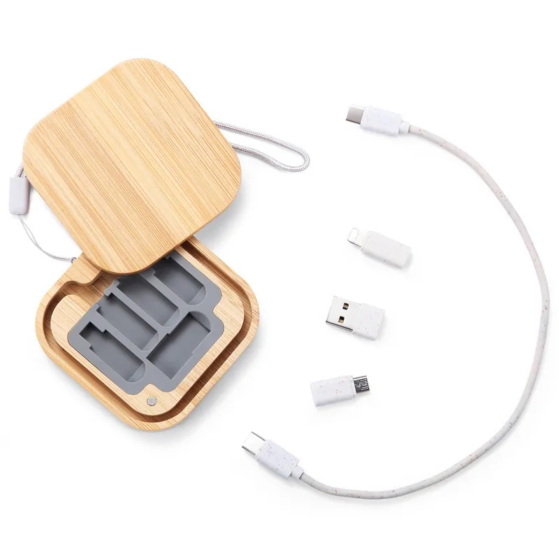 Square Bamboo 4 in 1 Multi-Charging Cable box Connector 1
