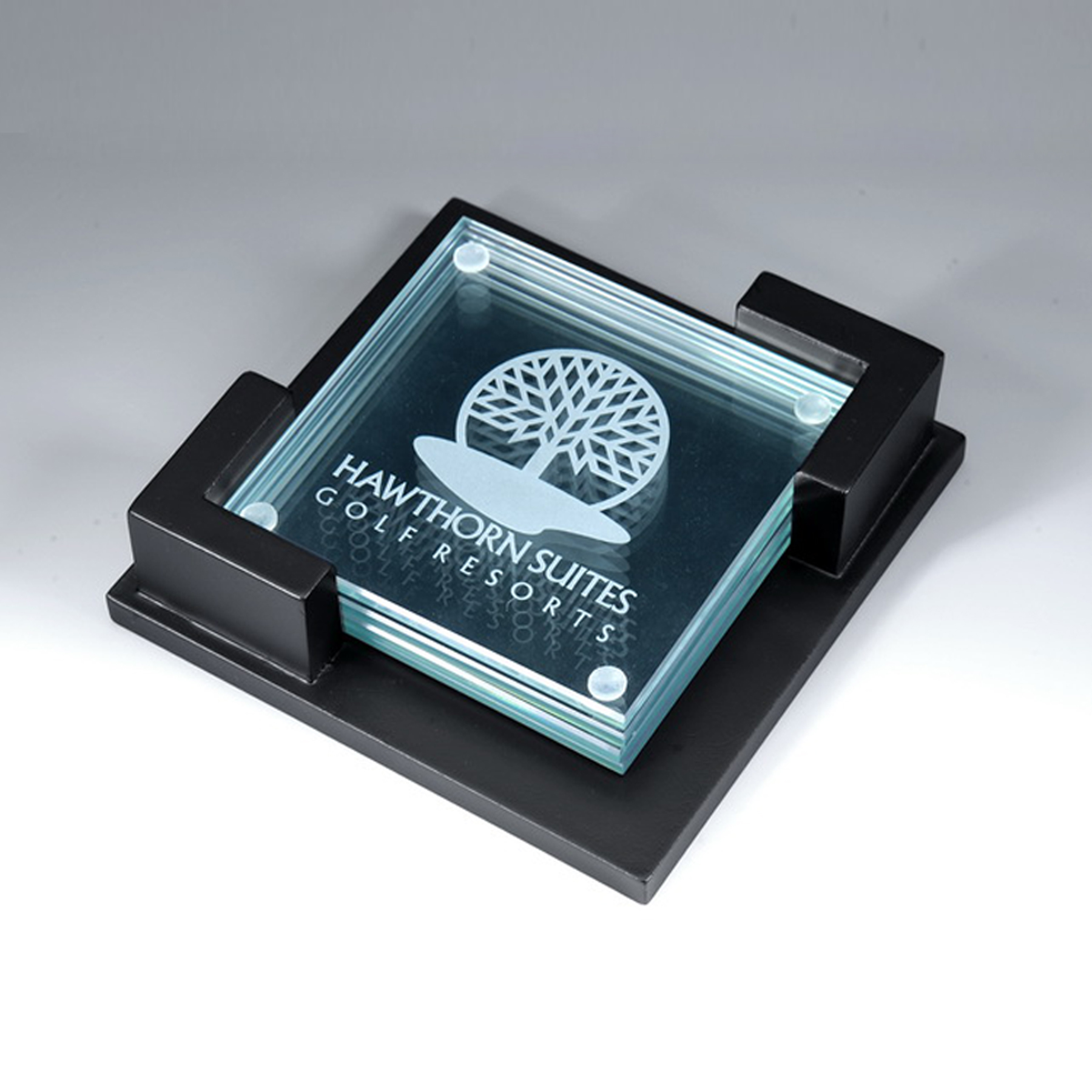 Award- Awards, Trophy, 4pcs Clear Glass Coaster w/wooden holder 4