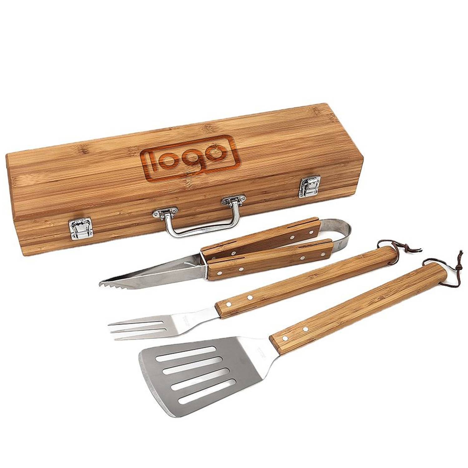 3PCS Wooden Handle Stainless Steel BBQ Set w/ Case 3