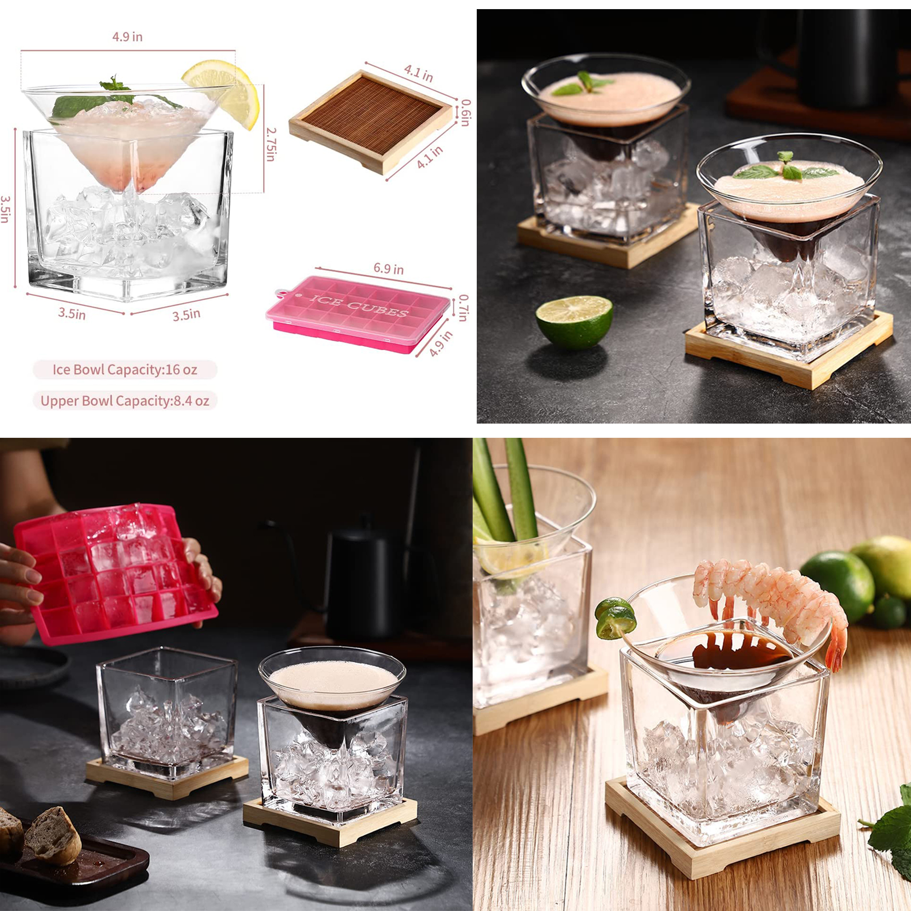 Set of 2 Stemless Martini Glasses with Ice Bowl 2
