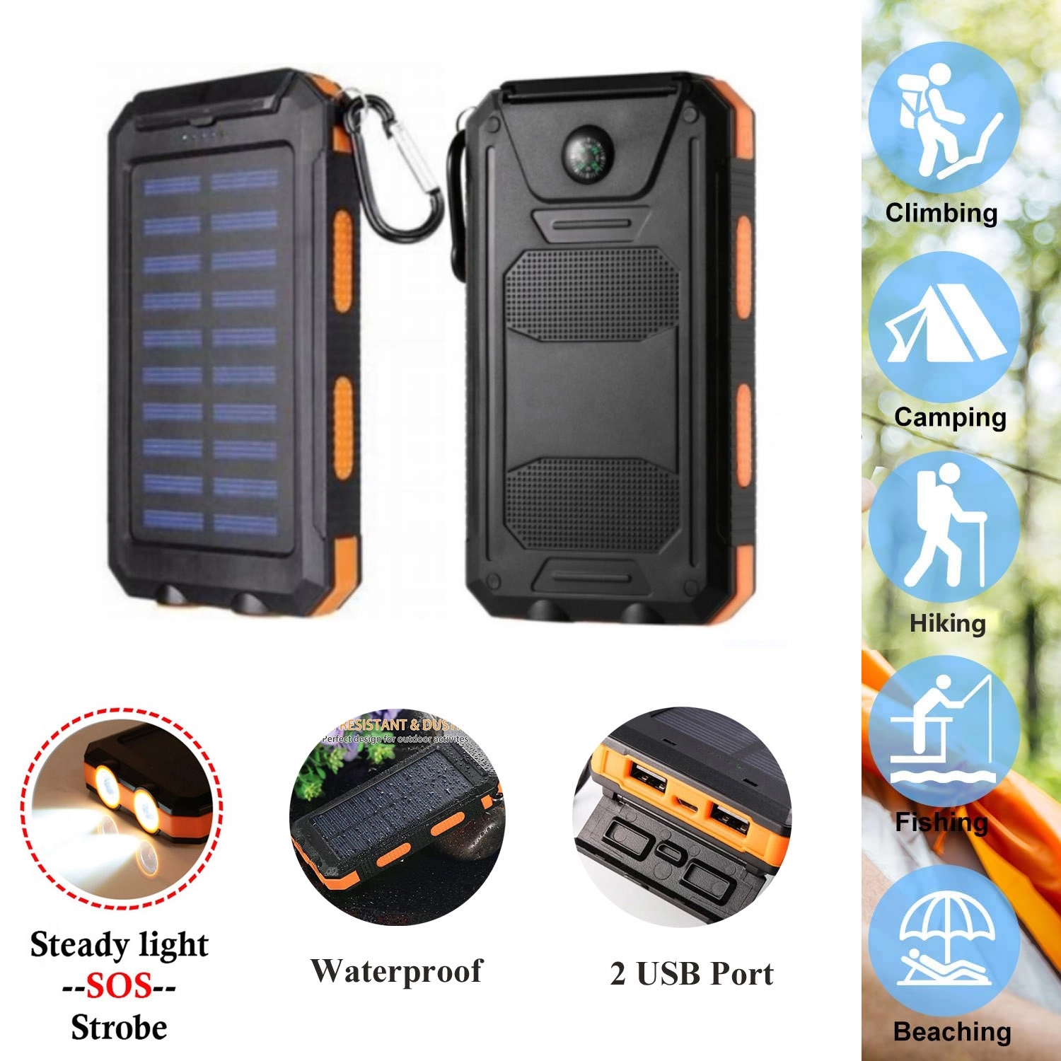 STOCK! 10000mAh Solar Charger with Dual LED Light 3