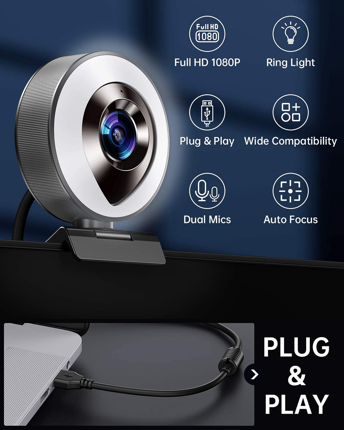 1080P HD Webcam Built in Touch Adjustable Ring Light Camera 3