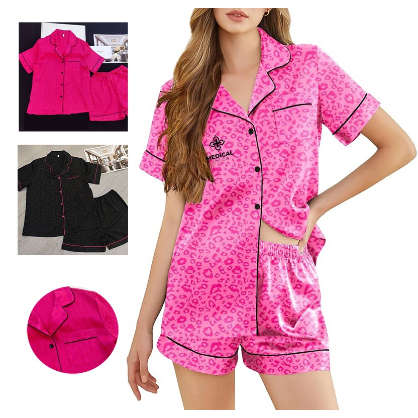 Womens Silk Satin Pajama Set Print Short Sleeve Sleepwear Button Down Pjs Shorts Set 2