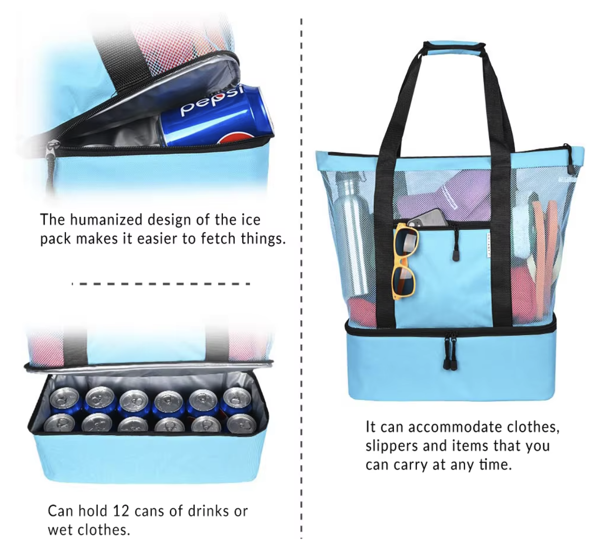 3-in-1 Mesh Beach Tote Bag with Insulated Picnic Cooler 2