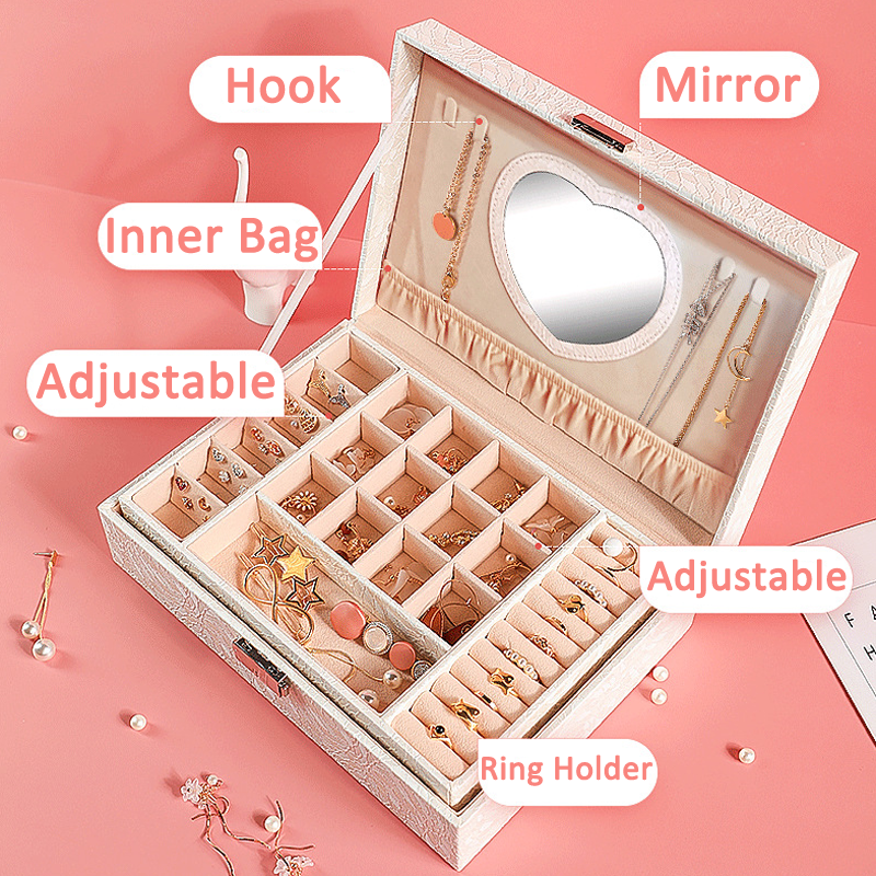 2-Layer PU Jewelry Organizer Box with Lock & Mirror / Hook 3