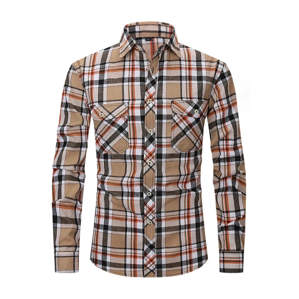 Brushed Plaid Shirt Long Sleeves Double Pockets 20
