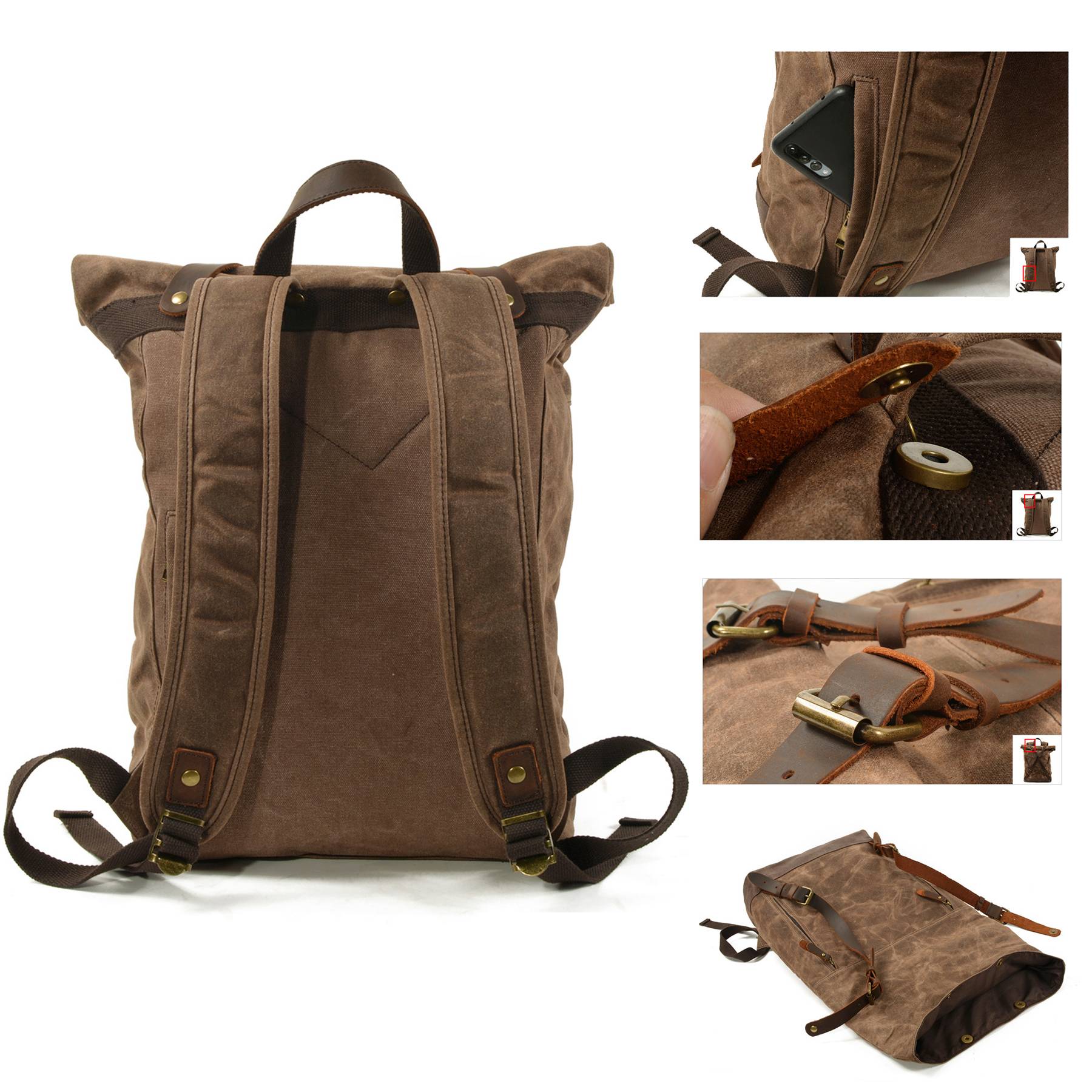 Vintage Canvas Leather Roll On Laptop Backpack Waterproof 6