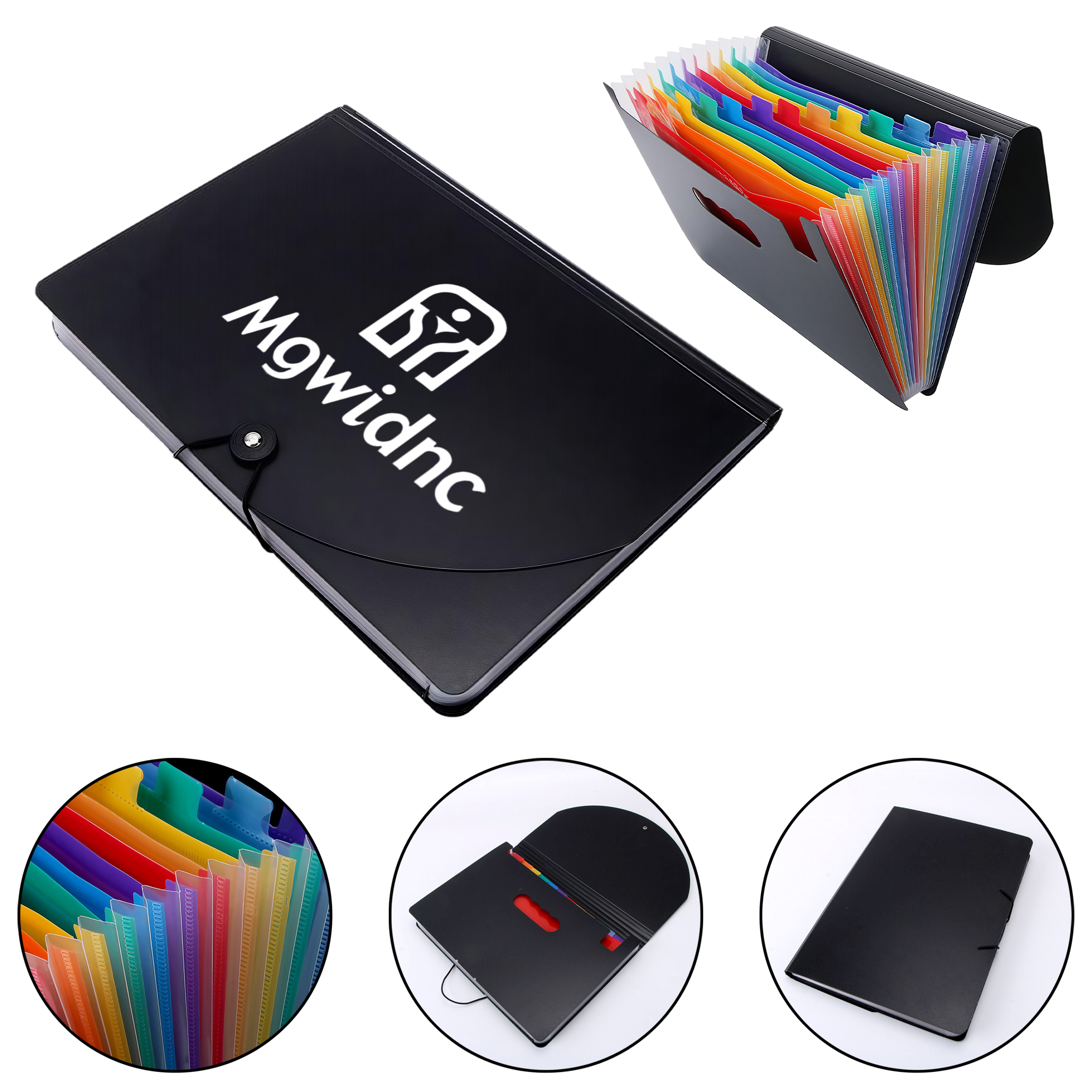 Portable A4 Rainbow 12-Pocket Accordion File Folder with Round Lid for Student Papers
