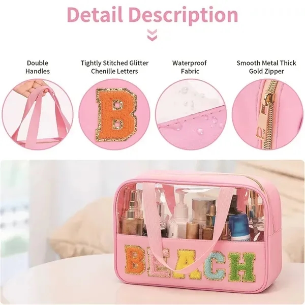 Waterproof Chenille Letter Patch Clear Makeup Bag 7