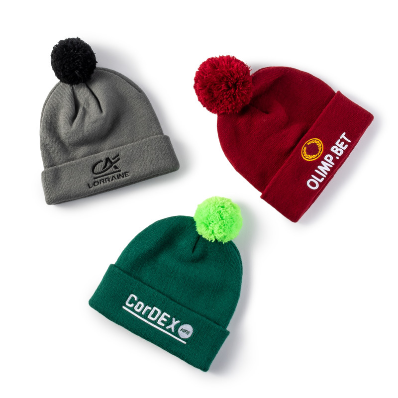 Embroidered Knit Beanie With Colorful Pome 4