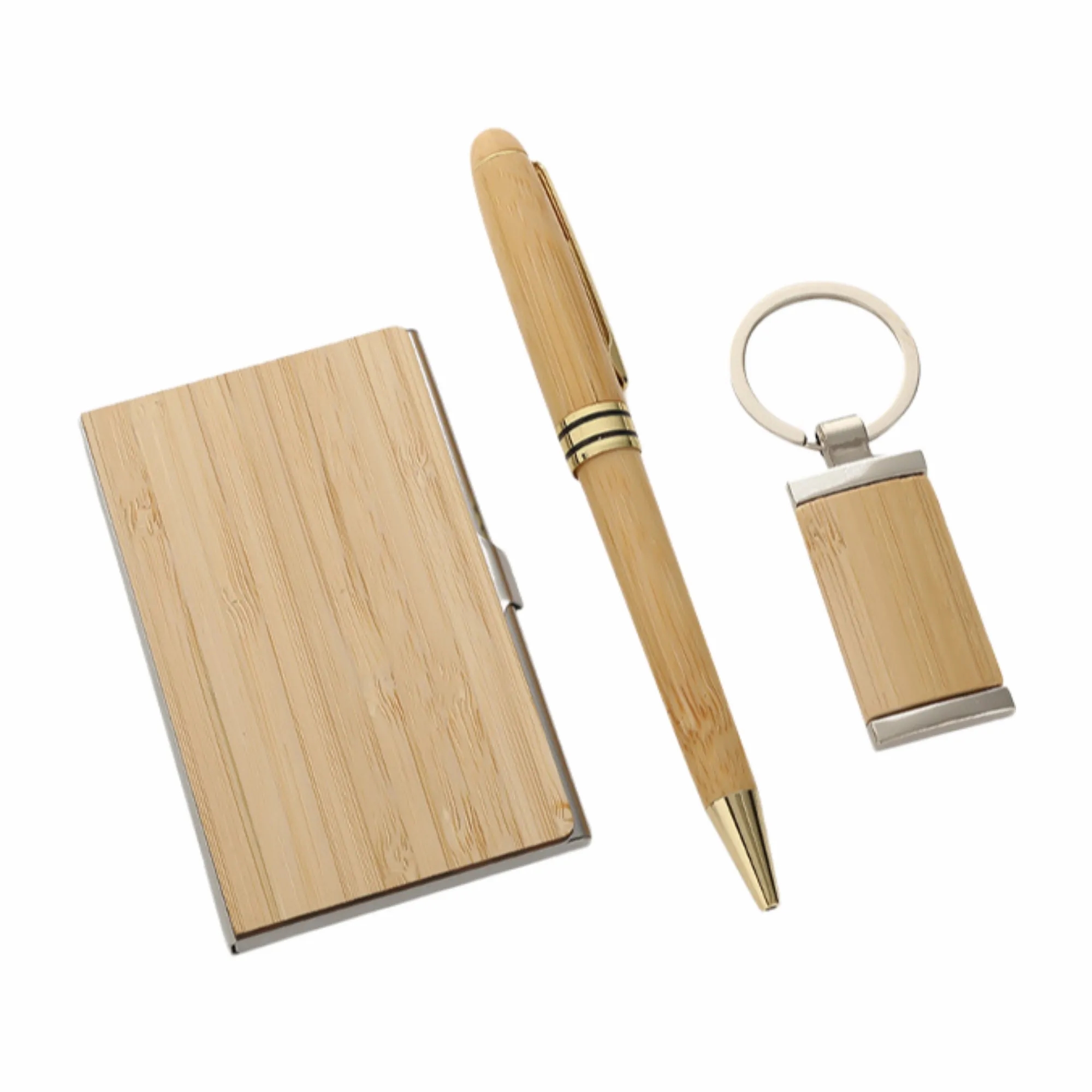 Bamboo Wood Gift Set: Ballpoint Pen, Keychain, Card Holder 2