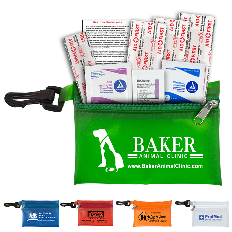 "PARKWAY PLUS" 8 Piece First Aid Kit in Translucent Zipper Kit with Plastic Carabiner Attachment 1