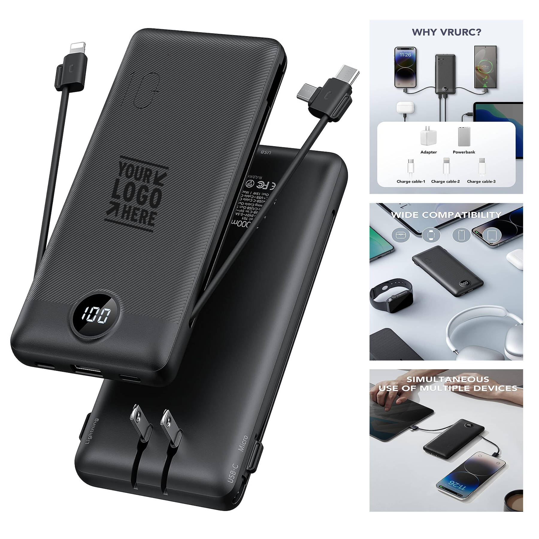 10000mAh Portable Charger Built-in Cables AC Wall Plug USB C Compact Smart Phone Power Bank      
