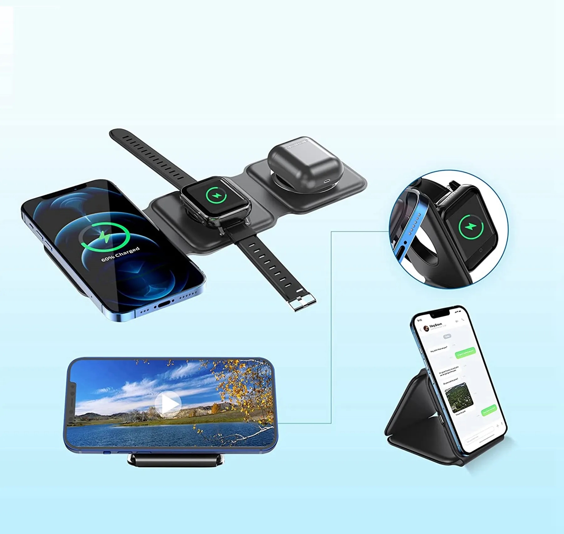 15W 3-in-1 Magnetic Wireless Charger with Foldable Qi Stand 8