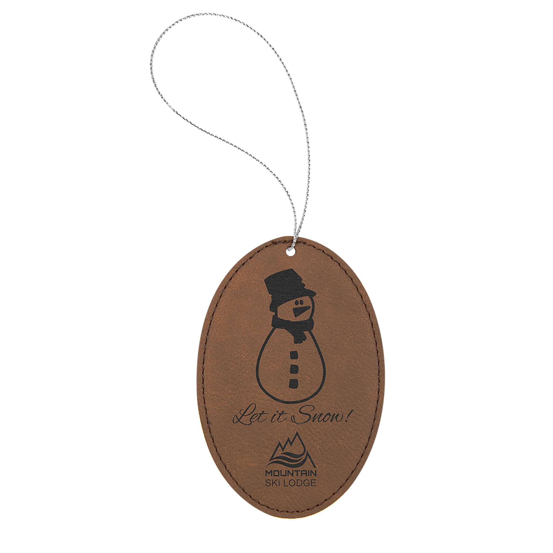 Light Brown Laserable Leatherette Oval Ornament w/Silver String 3