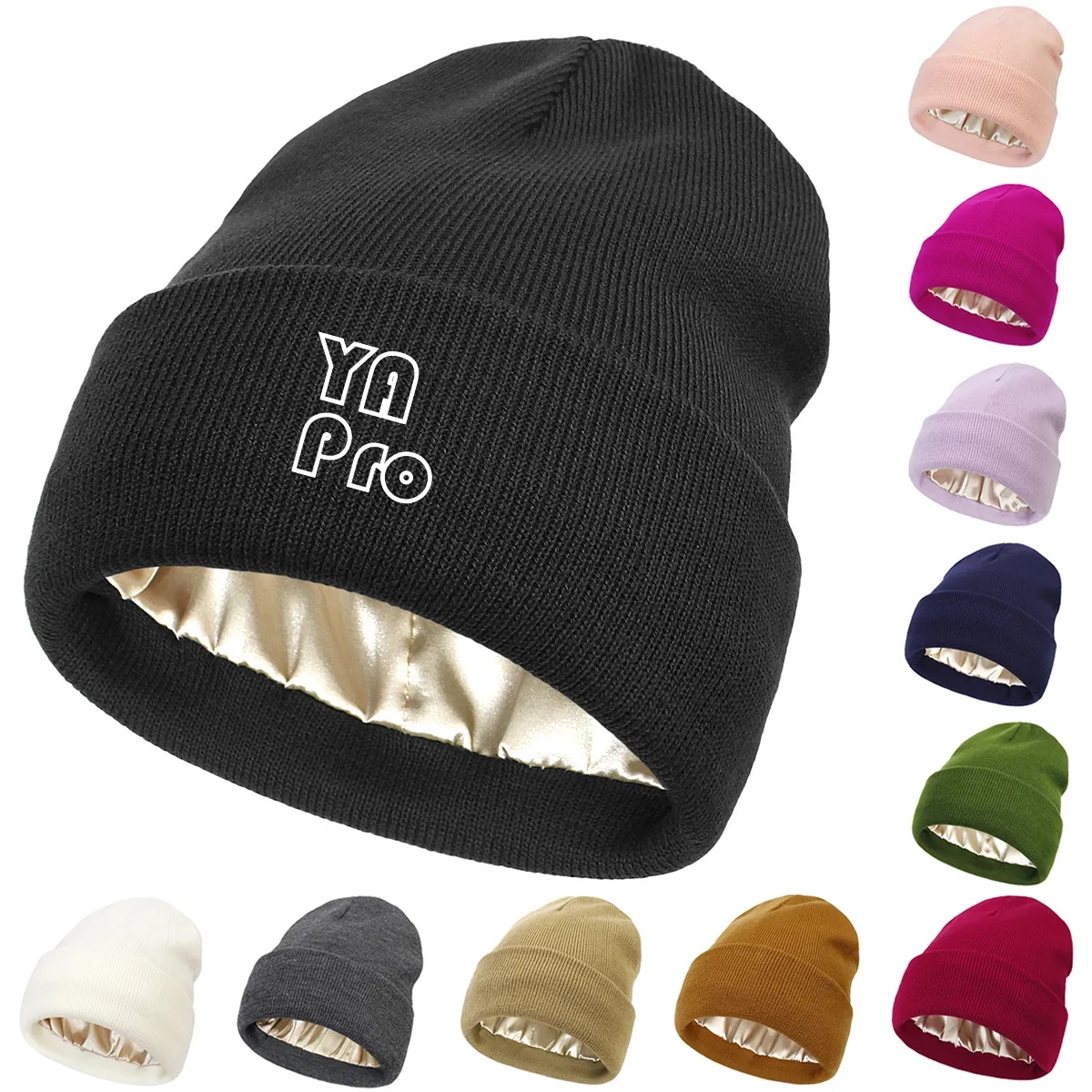Womens Satin Lined Knit Beanie Hat 1