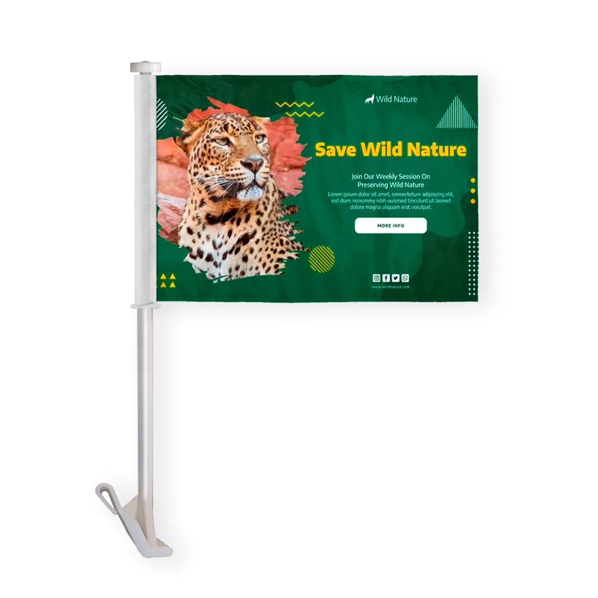 Premium Custom Digital Car Flag, 19" stiff pole - 10.5"x15" 2