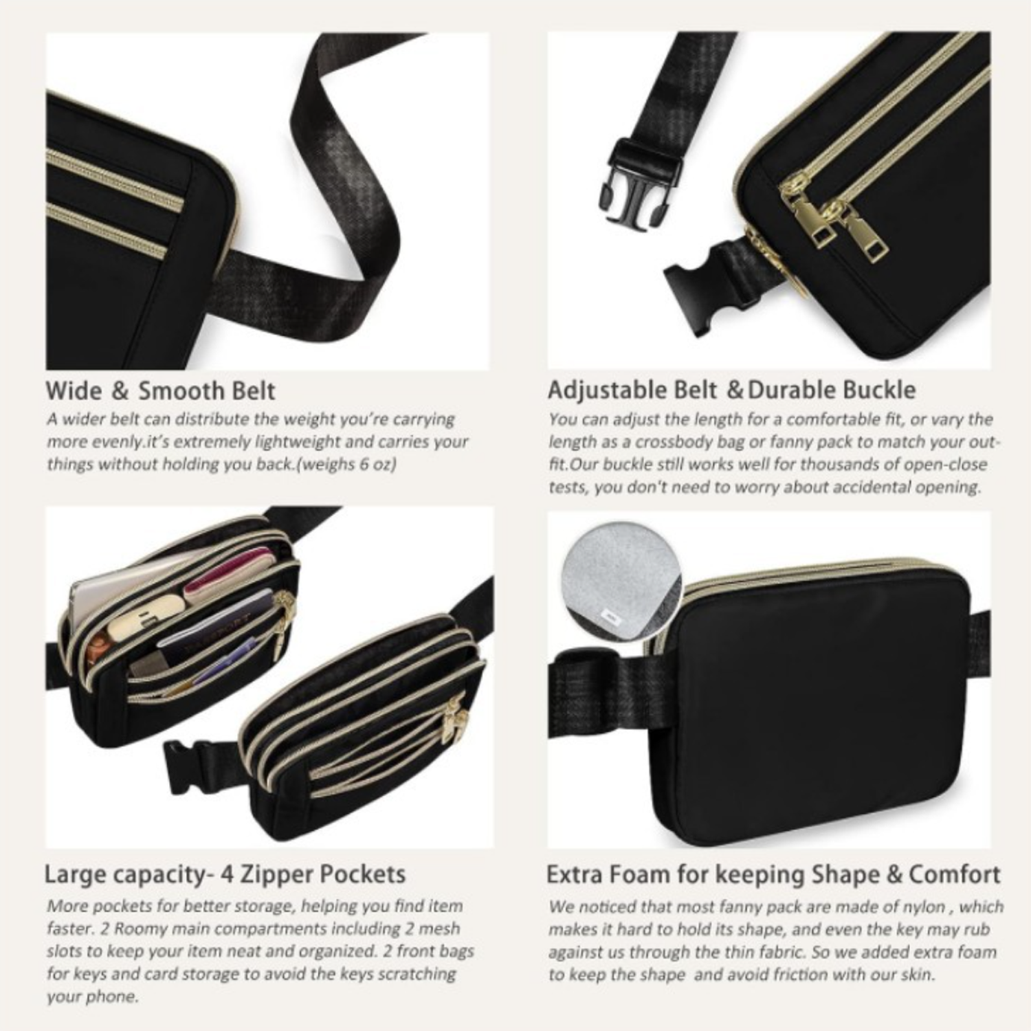 High-Capacity Polyester 4 Pockets Crossbody Fanny Pack 11