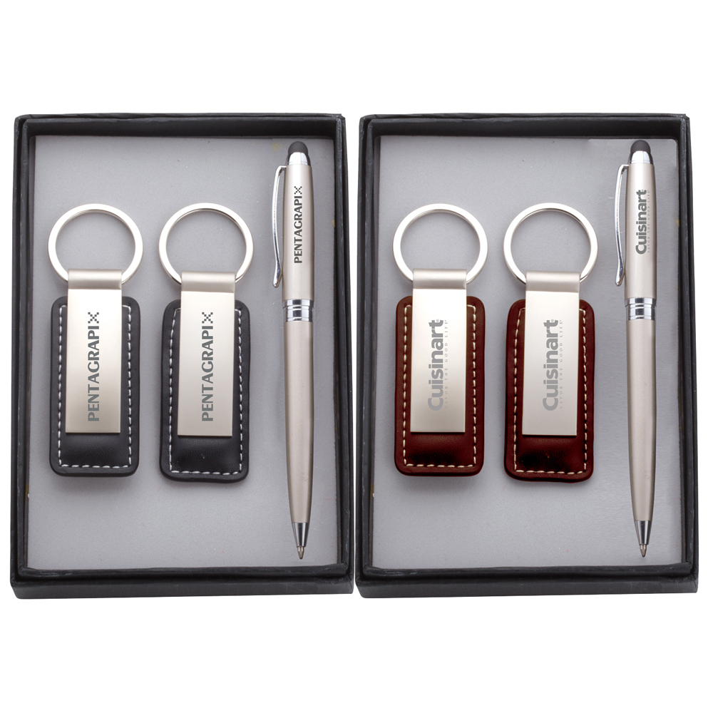 Neoclassic Metal Stylus Pen & Leather/Metal Key Chain Gift Set