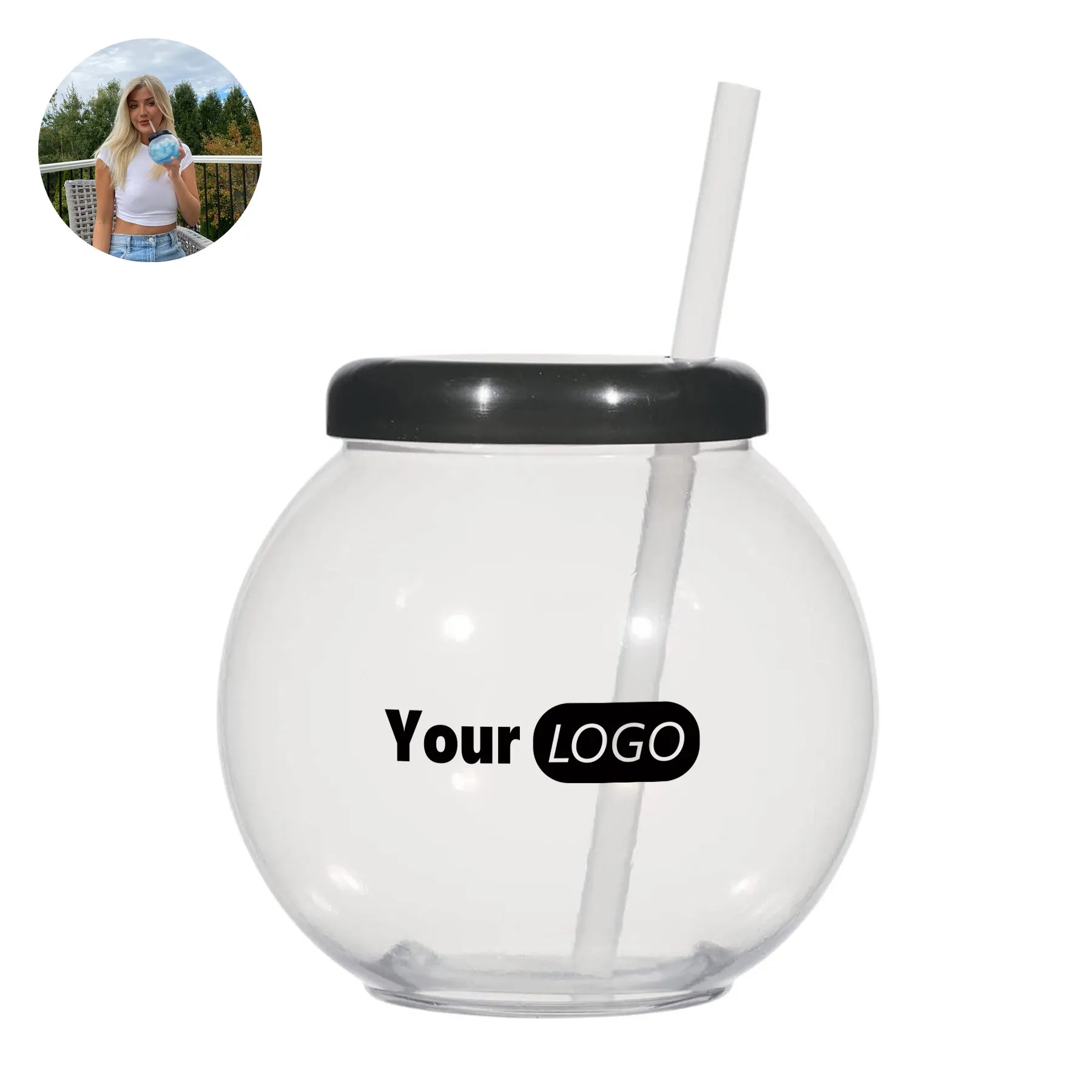 Clear Plastic Fish Bowls For Drinks With Lids/Straws- 20 OZ 3