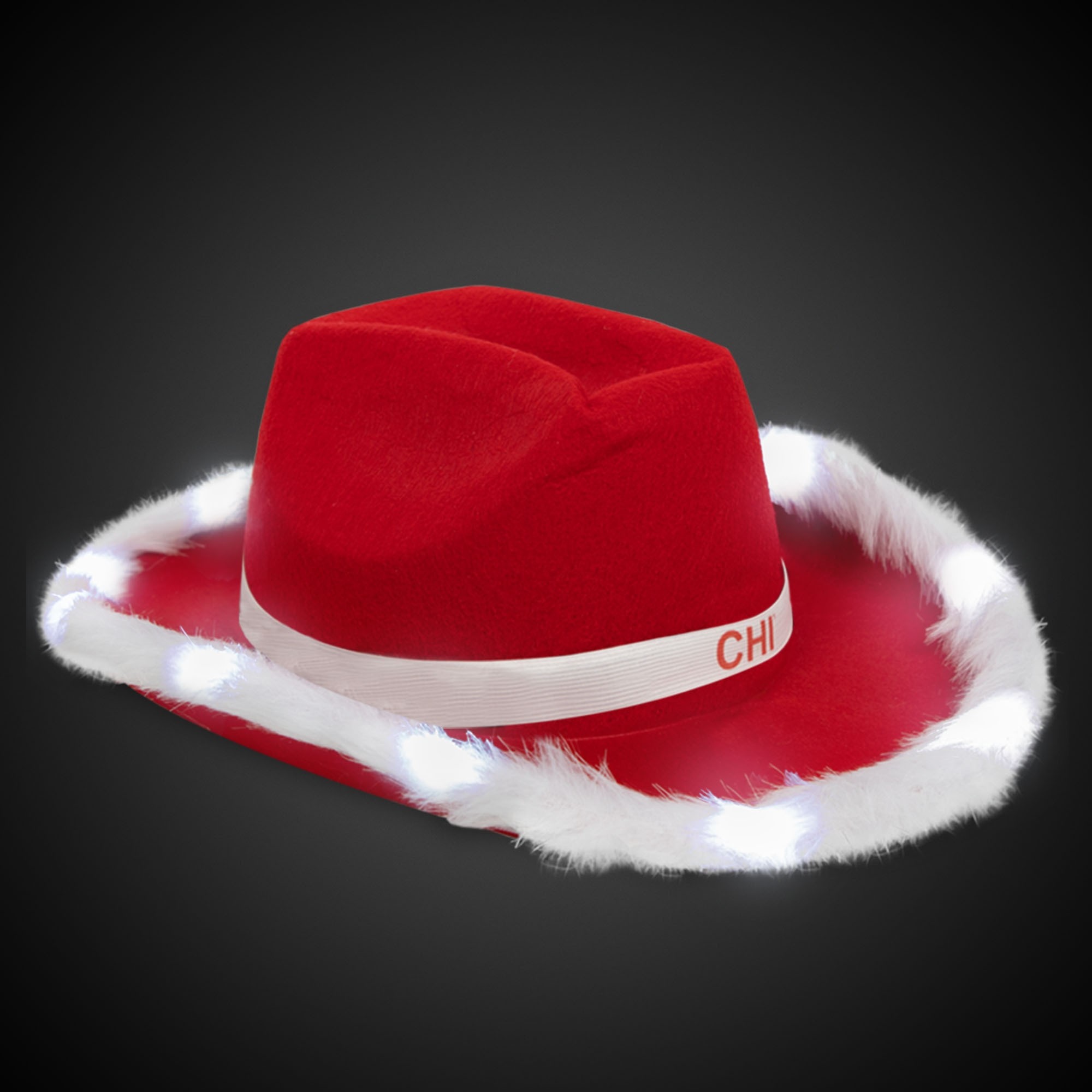 Red Santa Light Up Cowboy Hat with White Marabou Trim(w/ White Imprinted Band)