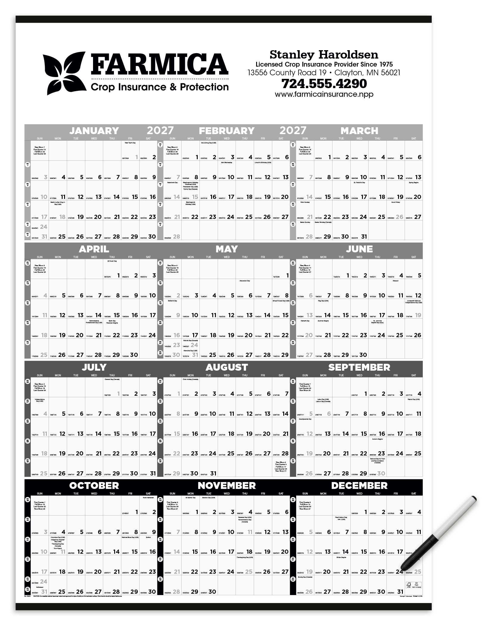 Triumph® Calendars Black & White Time Management Span-A-Year Laminated w/Marker Calendar 14