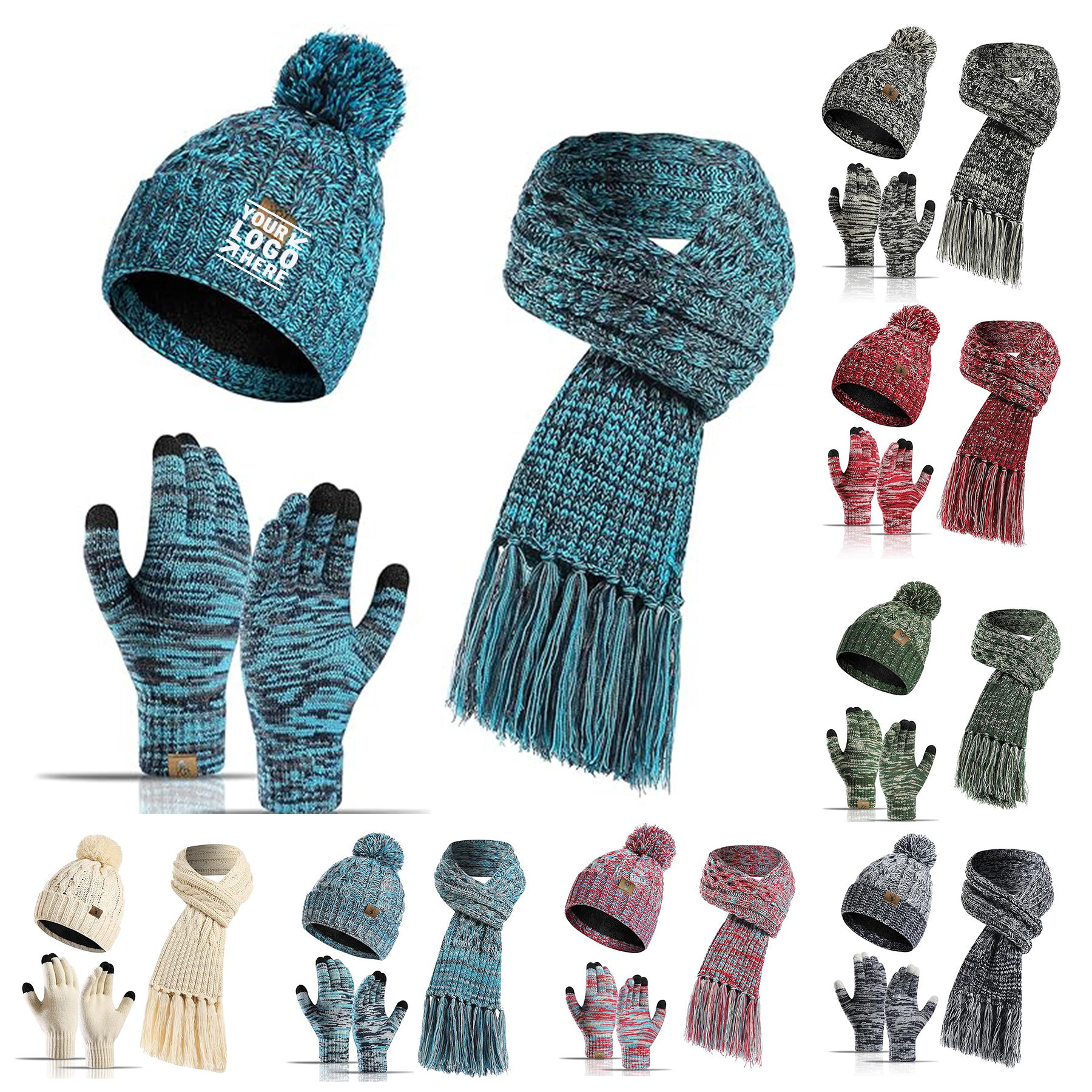 Womens Skull Cap Neck Scarves Winter Warm Beanie Hat Touchscreen Gloves Set
2